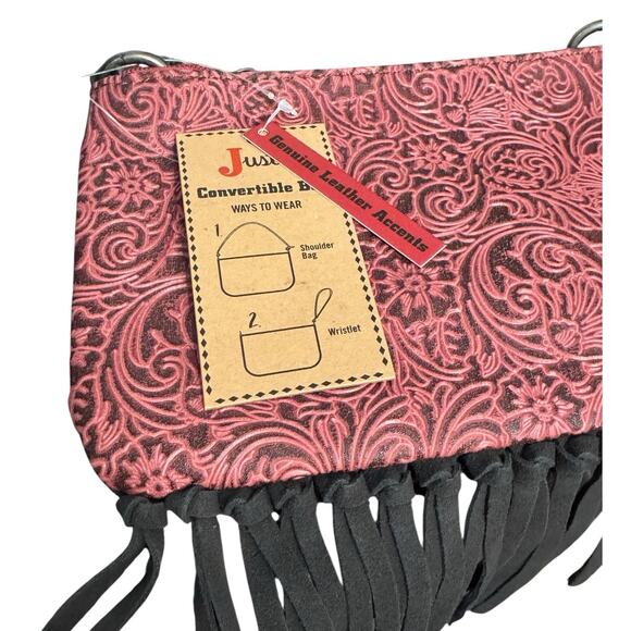 NWT! Justin Women's Red Western Fringe Convertible Mini Shoulder Wristlet Bag - Picture 5 of 6
